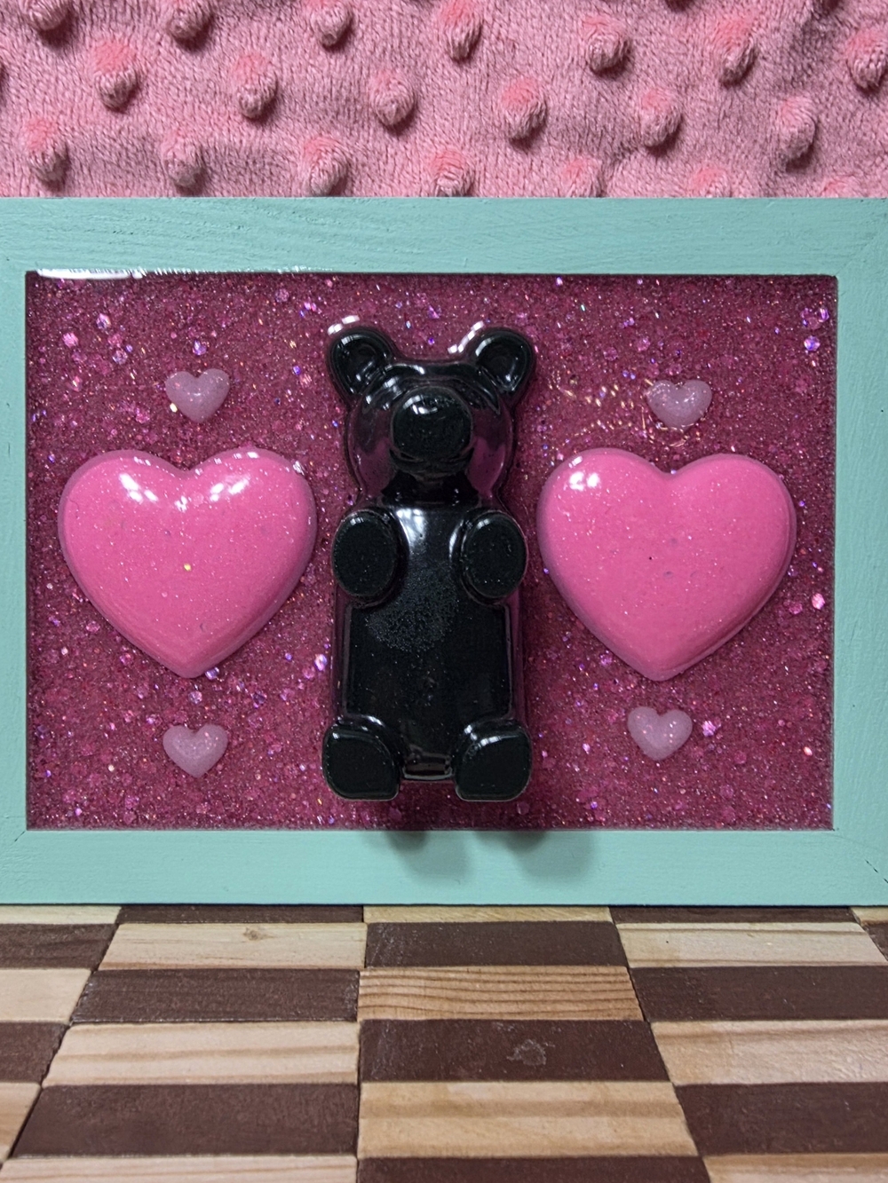 Emerald Crush | 5x7 Dark Green Gummy Bear Resin Art | Pink Heart Wall Decor |